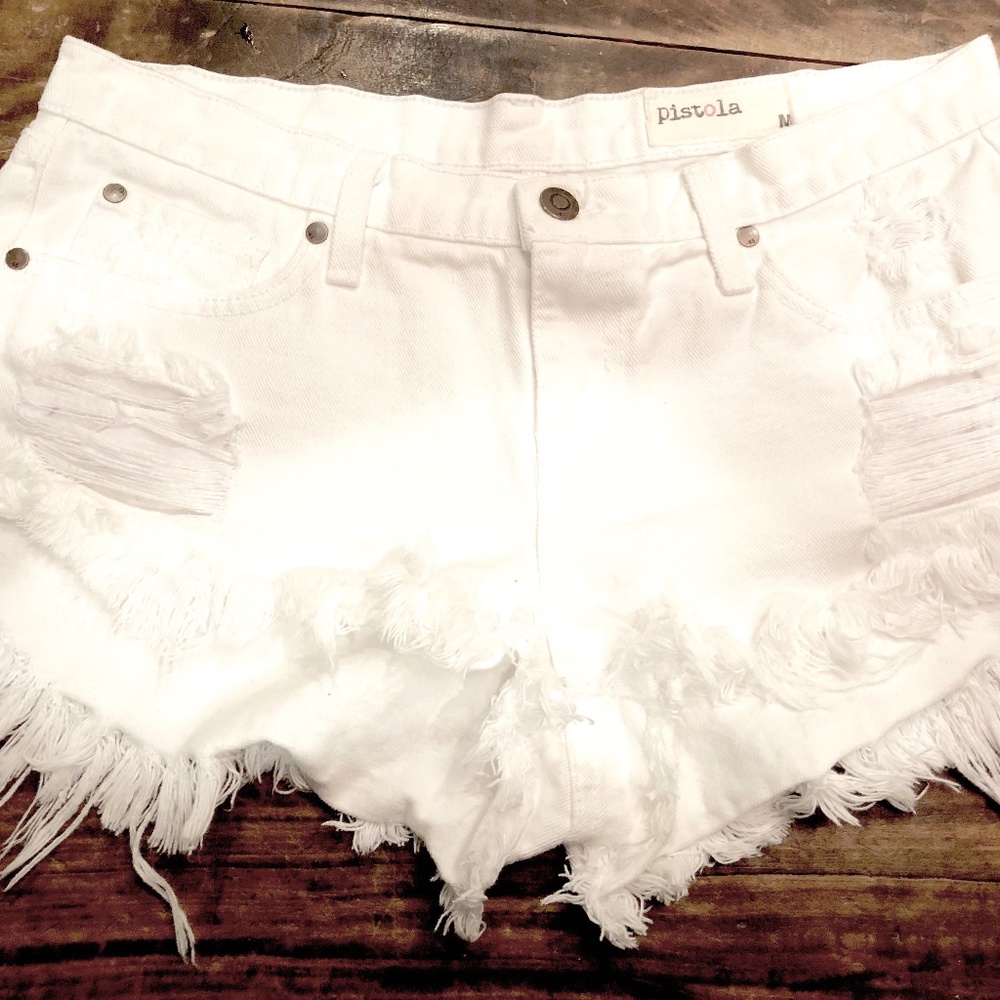 Pistola White Denim Distressed+Frayed Hemline Shorts Size Medium